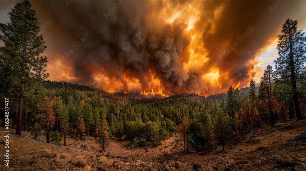 Fototapeta premium Massive wildfire engulfing dense forest valley with towering plume of dark smoke and bright flames under dramatic stormy sky