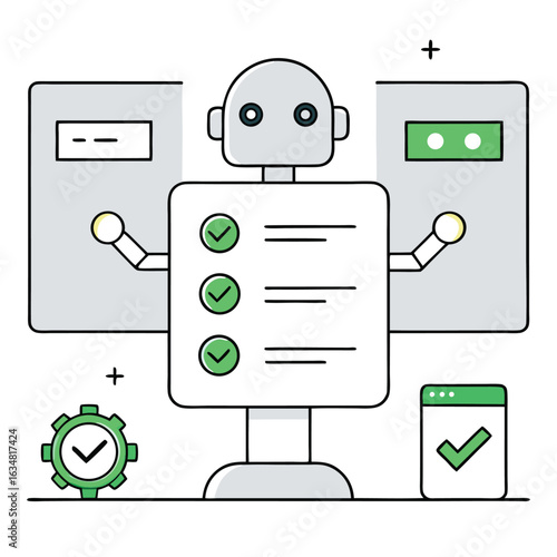 Robot with checklist automating tasks concept. AI technology for process automation and data verification vector illustration.

