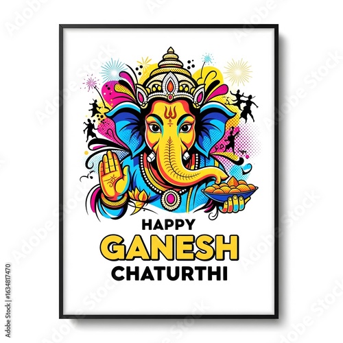 Vibrant Ganesha Chaturthi illustration with colorful abstract elements and dancing figures