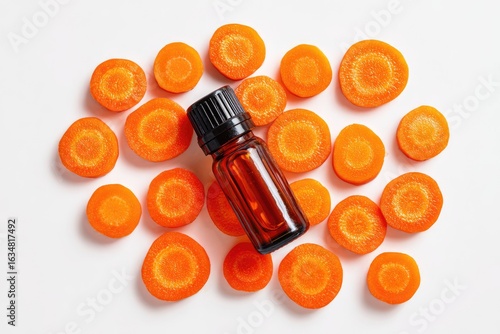 Amber bottle of carrot seed oil rests on a bed of freshly sliced orange carrot rounds against a stark white background, showcasing a natural and healthy product