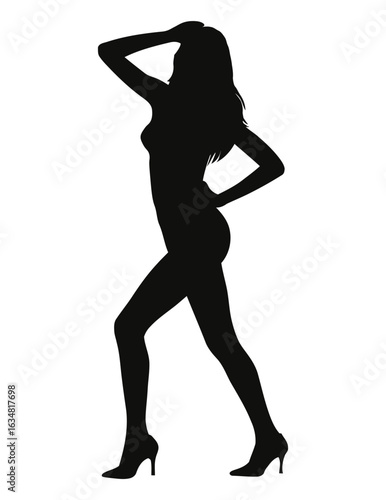 Stylized silhouette of confident woman in heels striking a bold pose with hand on hip and raised arm, isolated on white background