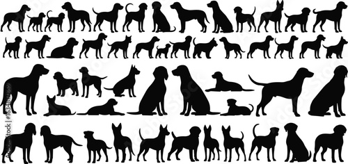 Dog silhouettes, various breeds, sitting, standing, lying down, pet icons, black vector, canine poses, animal shapes, dog chart