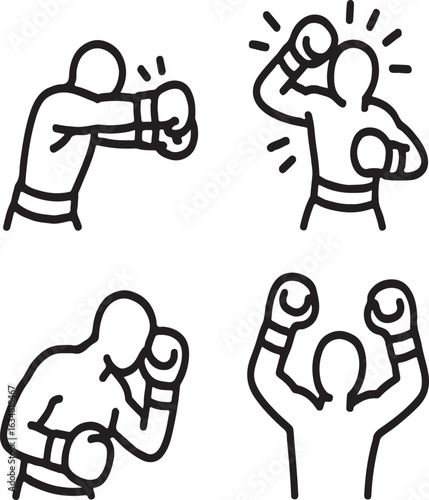 Boxing Techniques Line Icons – Jab, Uppercut, Guard Stance, Duck, and Victory Pose