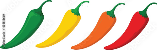 Chili pepper heat levels.chili pepper.Green, red, yellow, and orange chili peppers vegetable Simple isolated cartoon illustration with a light background
