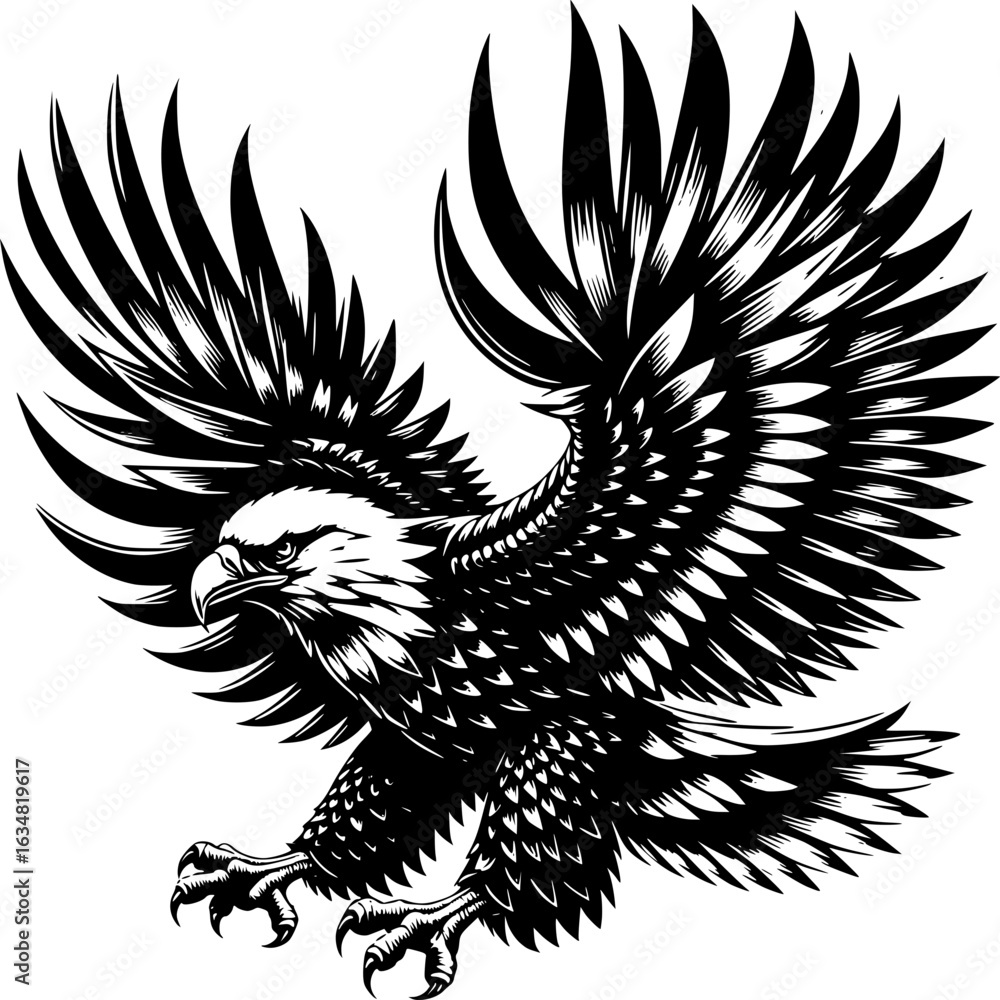 Obraz premium Majestic Eagle in Flight: This evocative artwork portrays a bald eagle in full flight, its powerful wings spread wide, and sharp talons poised, against the canvas.