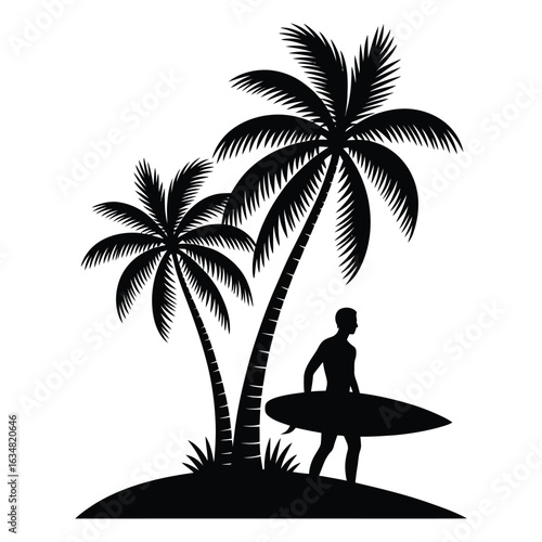 Palm trees with surfer on tropical beach adventure silhouette vector illustration in black and white