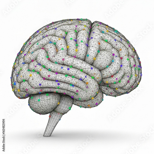 Anatomical representation of the human brain with colorful dots and wireframe structure on white surface