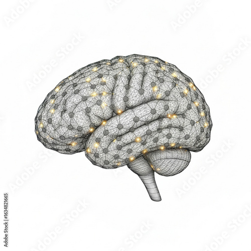 Wireframe representation of human cerebrum with glowing nodes symbolizing neural connections and activity