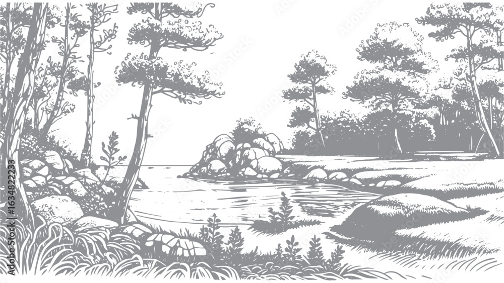 Obraz premium Hand-drawn Illustration of Coastal Cove Scene with Trees and Rocks