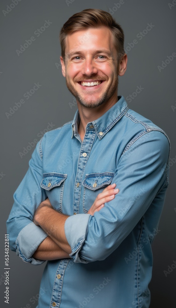 Fototapeta premium Smiling man in a denim shirt with crossed arms