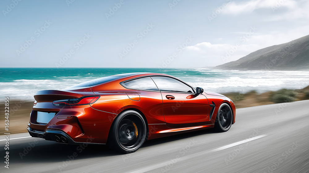 Fototapeta premium A red sports coupe speeds along a coastal highway, ocean waves crashing beside it under a clear blue sky, capturing thrilling motion and vibrant freedom...