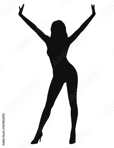 Confident female silhouette illustration with raised arms and wide stance, wearing high heels, symbolizing empowerment and bold elegance