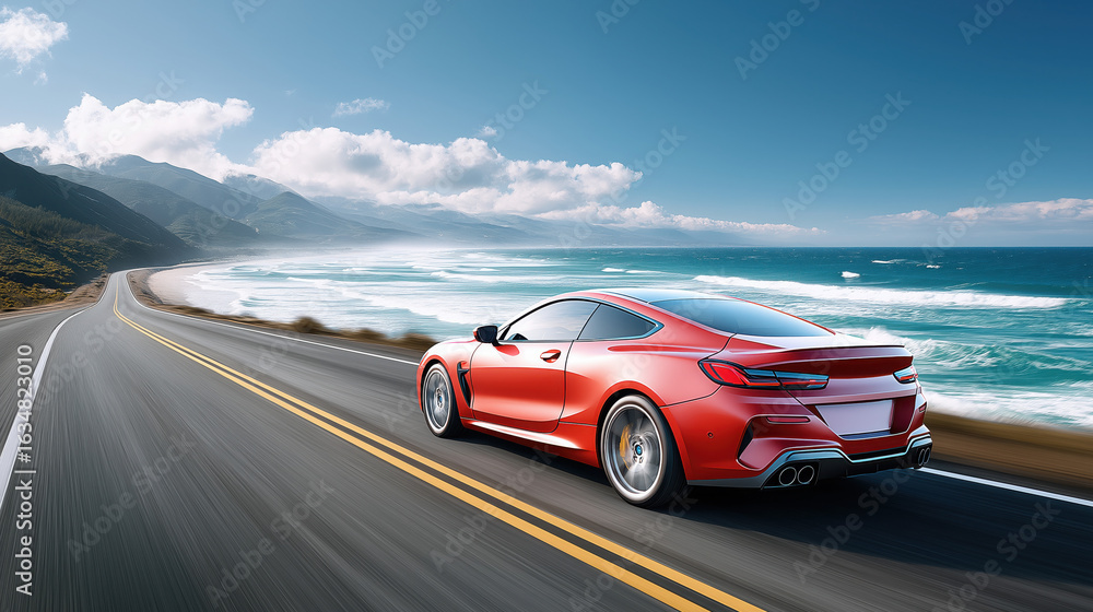 Obraz premium A red sports coupe speeds along a coastal highway, ocean waves crashing beside it under a clear blue sky, capturing thrilling motion and vibrant freedom...