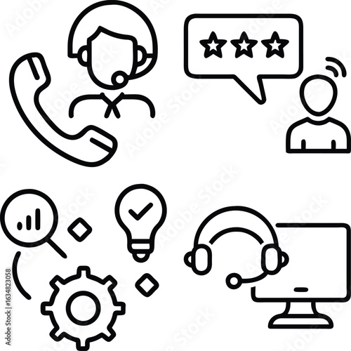 A collection of line art icons representing customer service, feedback, ideas, and technical support.