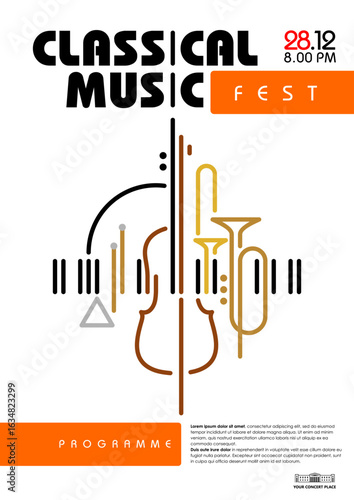 Classical music concert, recital, fest, competition poster concept template. Abstract line art draw of violin, trumpet, trombone, piano keys, drum, triangle and drum sticks. Text typography