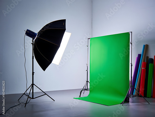 Empty modern photography studio interior with professional lighting equipment, a large softbox, and a green screen background for chroma key compositing in video production.