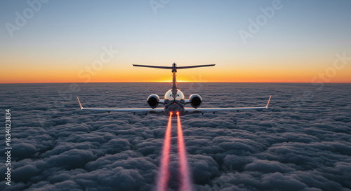 Private jet soaring over a breathtaking sea of clouds during sunset ideal for travel and luxury concept illustrations and designs.