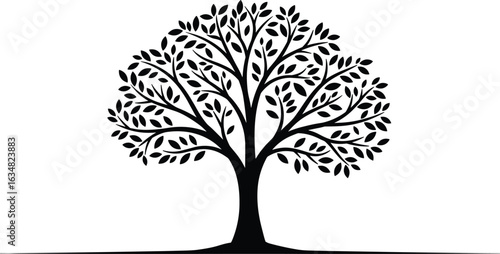 Black tree silhouette with detailed leaves and branches, flat vector nature illustration, elegant tree icon, isolated botanical design art