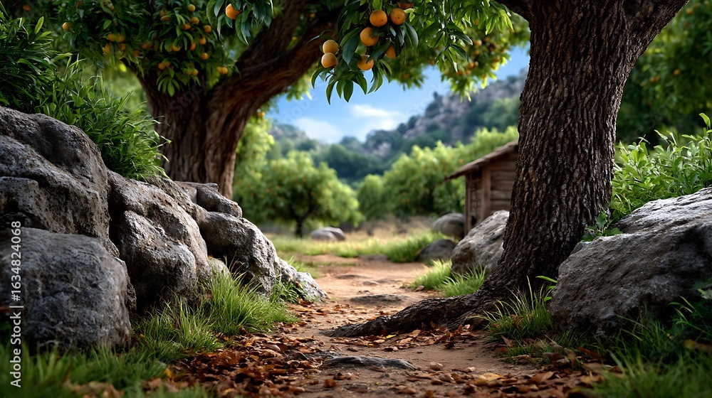 Fototapeta premium A peaceful orchard with fruit trees and fallen leaves on the ground.