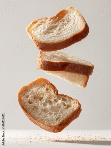 Close-up of a spiral-shaped slice of soft white bread floating in midair against a pastel beige background, showing its airy crumb texture