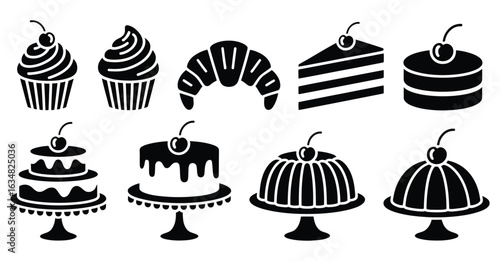 Black and white dessert silhouette icon set featuring cupcakes, layered cakes, croissant, and cherry-topped treats on cake stands