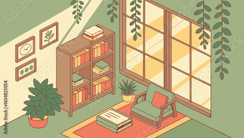 Indoor Garden Room Vector – Isometric Cozy Space with Plants, Books, Window Light and Relaxing Atmosphere