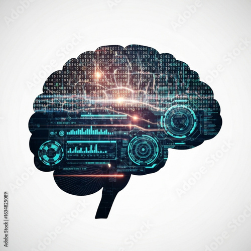 Stylized cerebral organ with digital interface and binary code overlaid on the anatomy of the organ