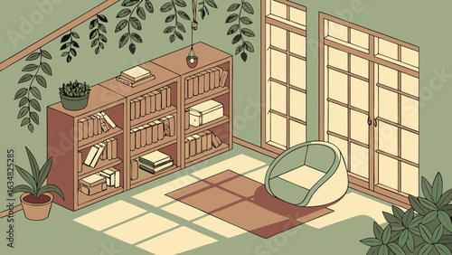 Indoor Garden Room Vector – Isometric Cozy Space with Plants, Books, Window Light coming from window and Relaxing Atmosphere