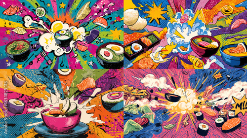 Vibrant pop art style sushi explosion with bold colors and dynamic energy, featuring sushi rolls, bowls, and ingredients bursting in an abstract comic layout.