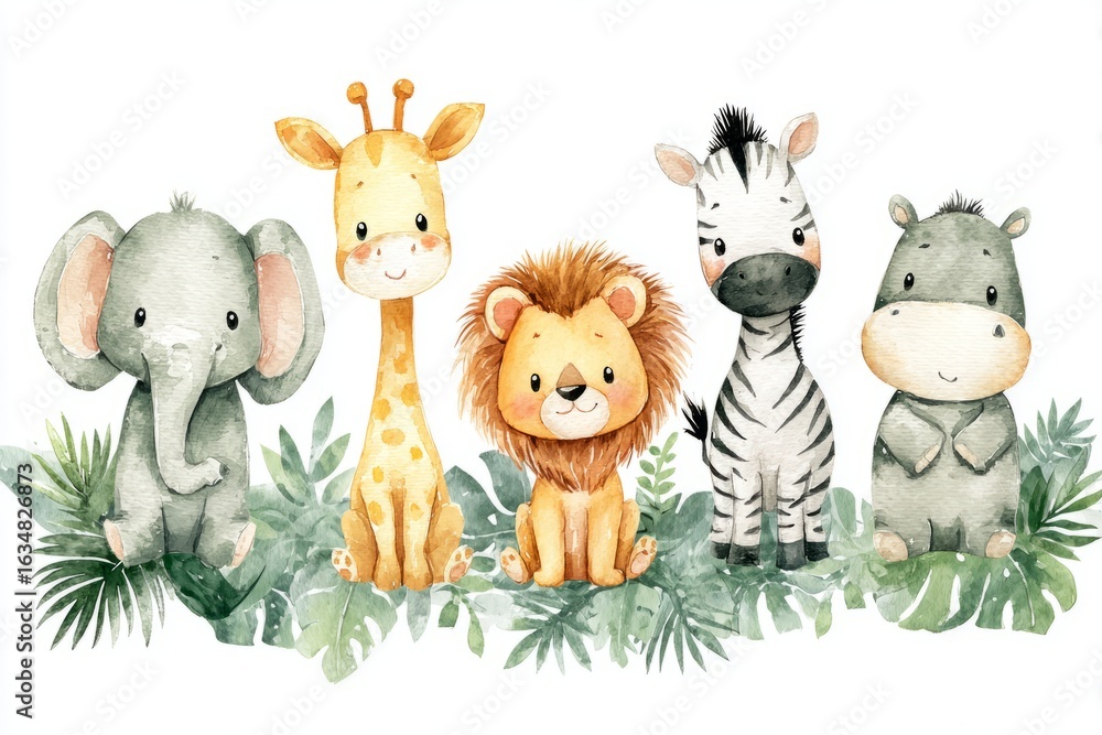 Naklejka premium Cute safari animals watercolor illustration of an elephant, giraffe, lion, zebra and hippopotamus sitting in a row with green foliage on a white background