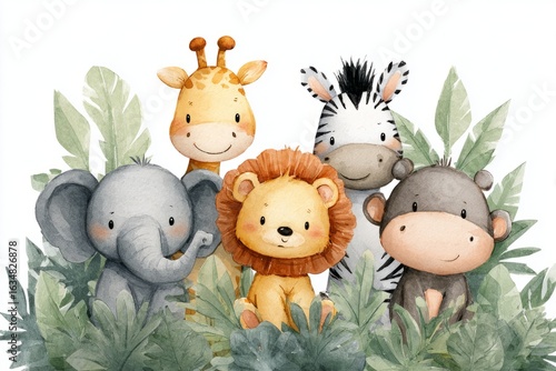 Cute watercolor illustration of baby safari animals including elephant, lion, zebra and hippo nestled together among lush green tropical leaves and plants