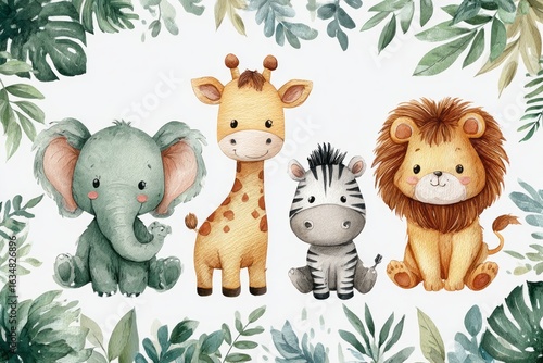 Watercolor illustration of cute jungle animals – elephant, giraffe, zebra and lion – standing together amid green tropical leaves