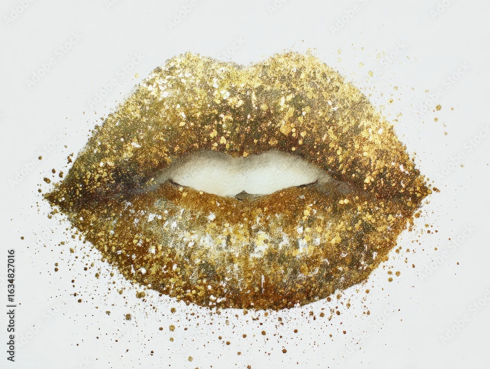 Fototapeta premium Glittering gold lips on a white background formed by dense golden glitter granules, creating a festive and luxurious kiss silhouette in a contemporary illustration