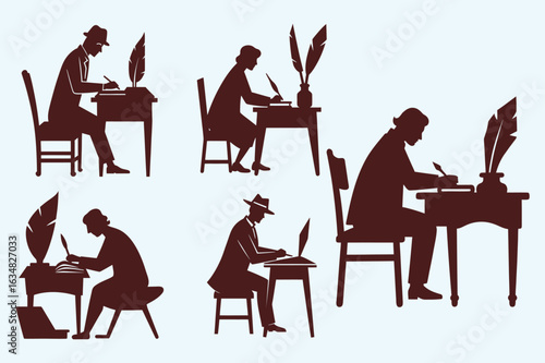 Collection of silhouette icons depicting writers and poets working at desks suitable for creative projects