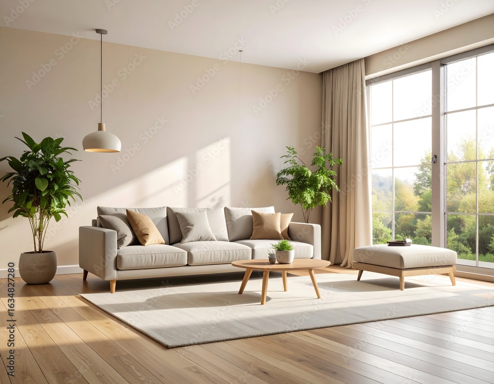 Fototapeta premium Bright living room interior with a beige sofa, wooden floor, large window, plants, coffee table, and natural light.