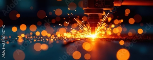 Fiery orange sparks during laser cutting action , automated, energy