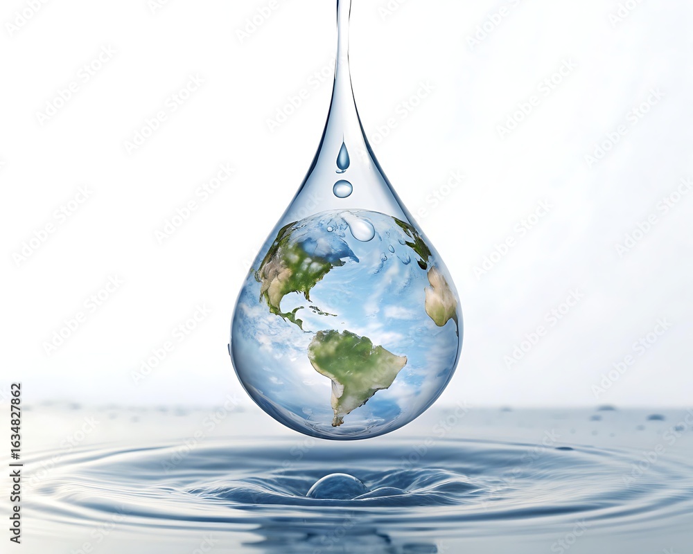 Obraz premium Clean White Background Showing Water Drop with World Map Inside — Environmental Concept Symbolizing Global Water Conservation, Sustainability, and Eco Awareness Campaigns 