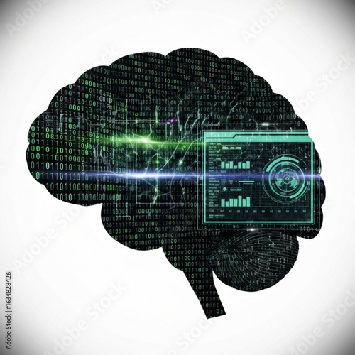 Stylized cerebral representation with digital interface and binary code overlay design concept