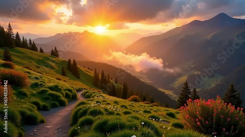 Mountain Sunset Over Scenic Green Valley.