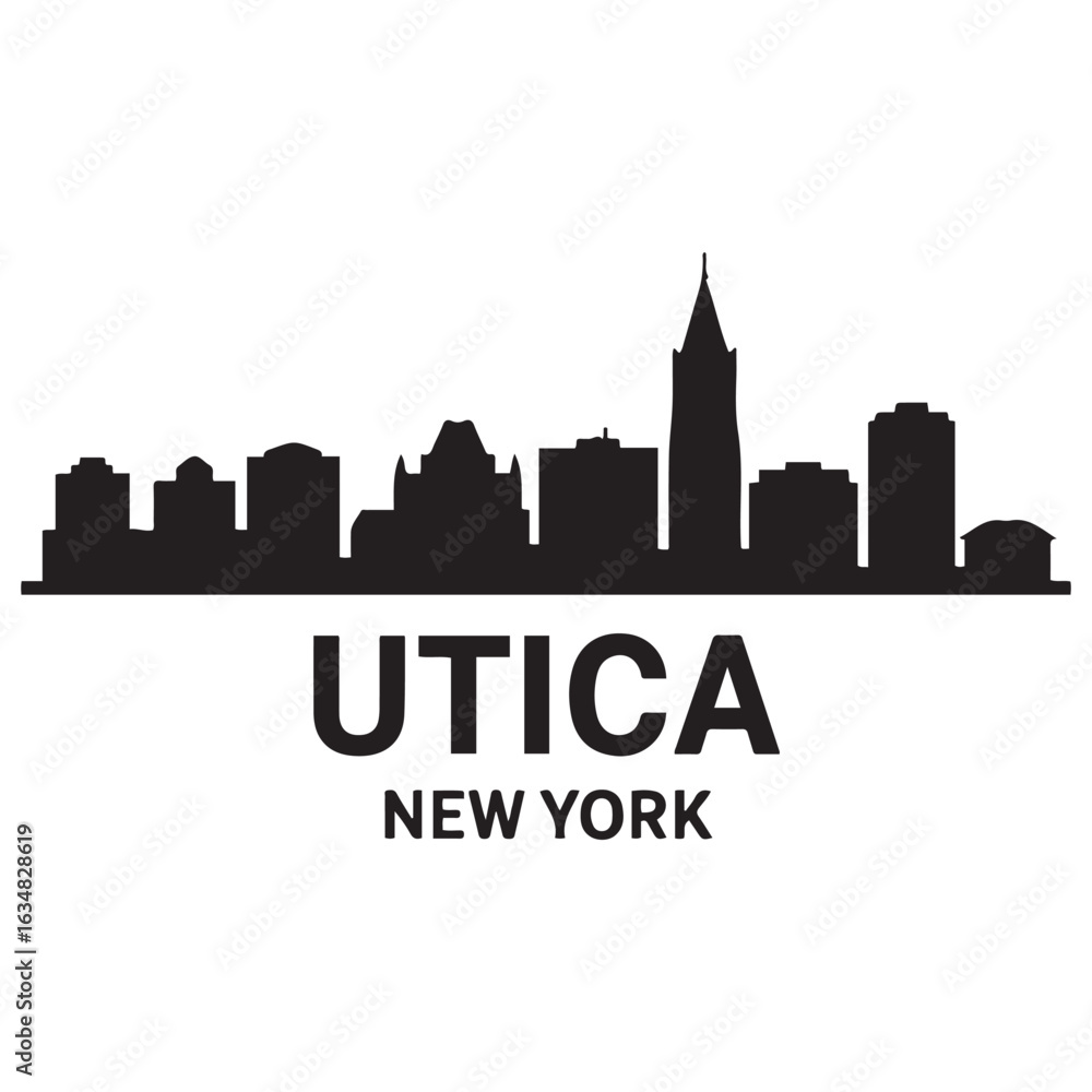 Fototapeta premium Utica skyline horizontal banner. Utica, New York. Vector template for your design. Vector black silhouette. with white background