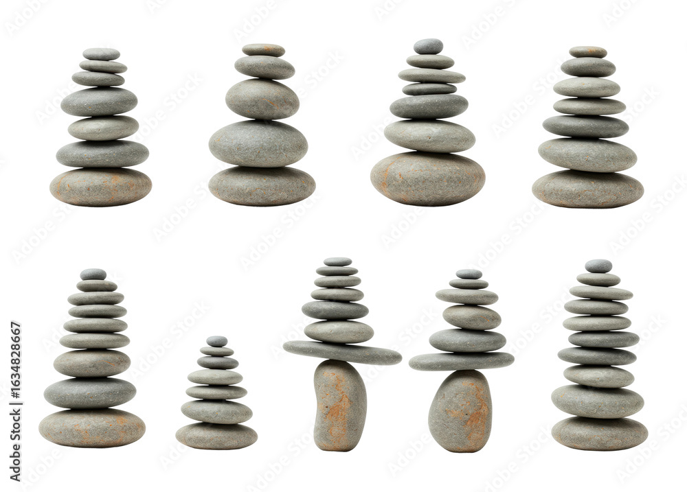 Fototapeta premium Balanced stacked stones showing variations in height and shape. Cut out PNG