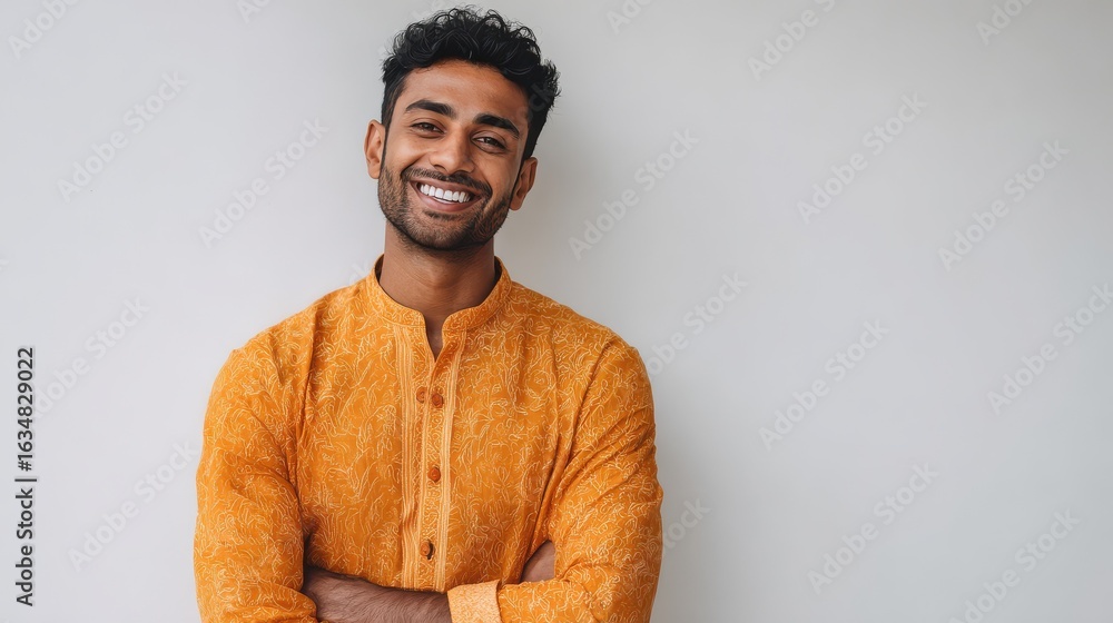 Obraz premium young indian man wearing elegant shirt standing over isolated white background with a happy and cool smile on face lucky person no logos no brands ar 169