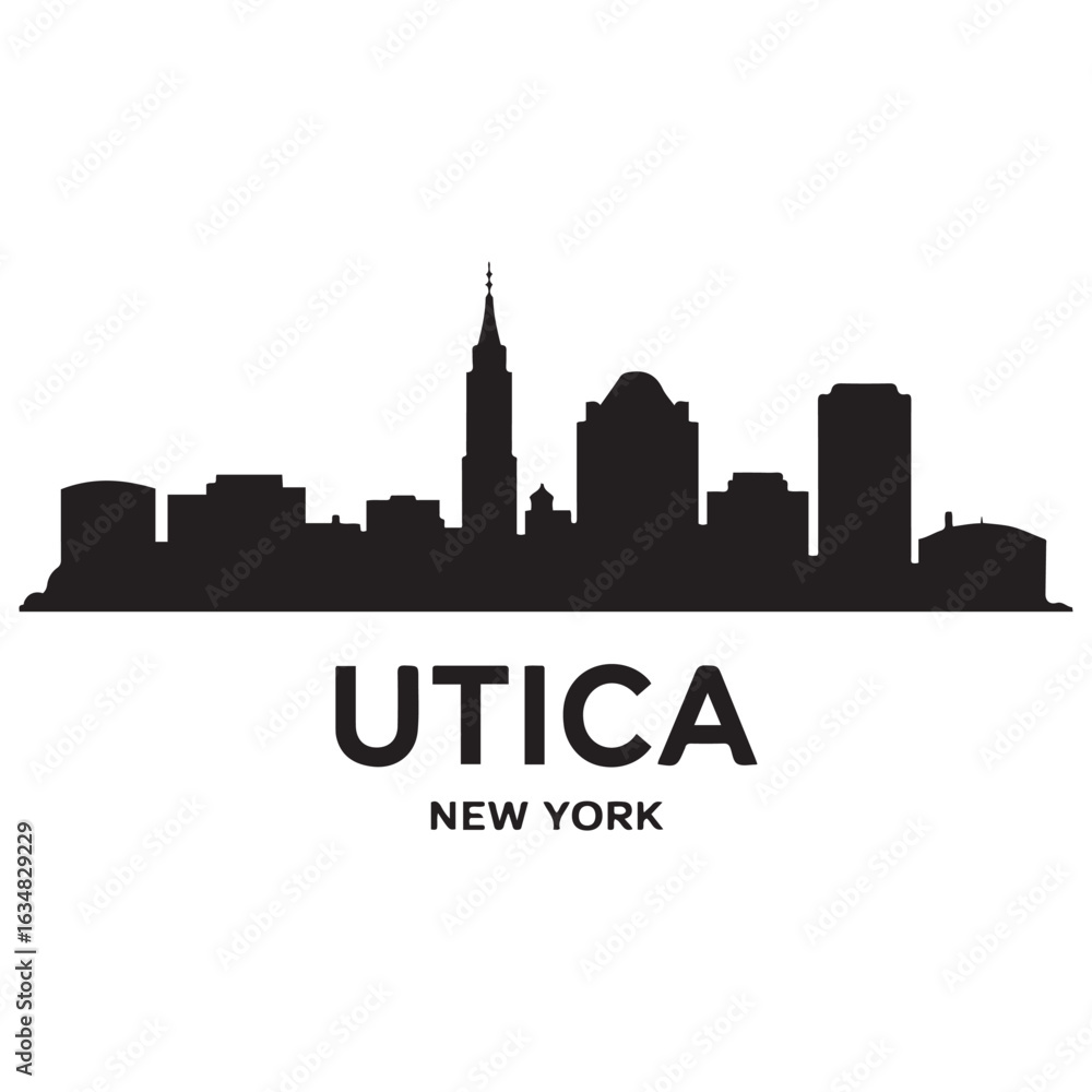Obraz premium Utica skyline horizontal banner. Utica, New York. Vector template for your design. Vector black silhouette. with white background
