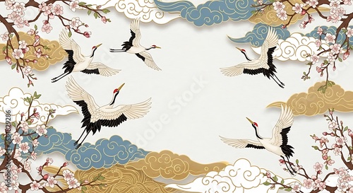 Elegant Cranes Soaring Amidst Cherry Blossoms and Stylized Clouds in a Serene Composition