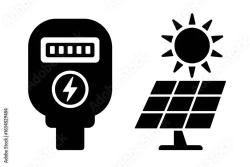 Energy Consumption Meter and Solar Efficiency Silhouettes Vector Set
