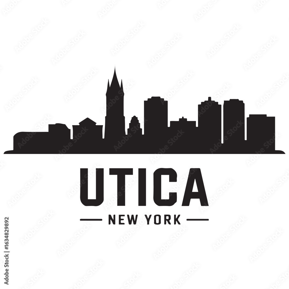 Obraz premium Utica skyline horizontal banner. Utica, New York. Vector template for your design. Vector black silhouette. with white background