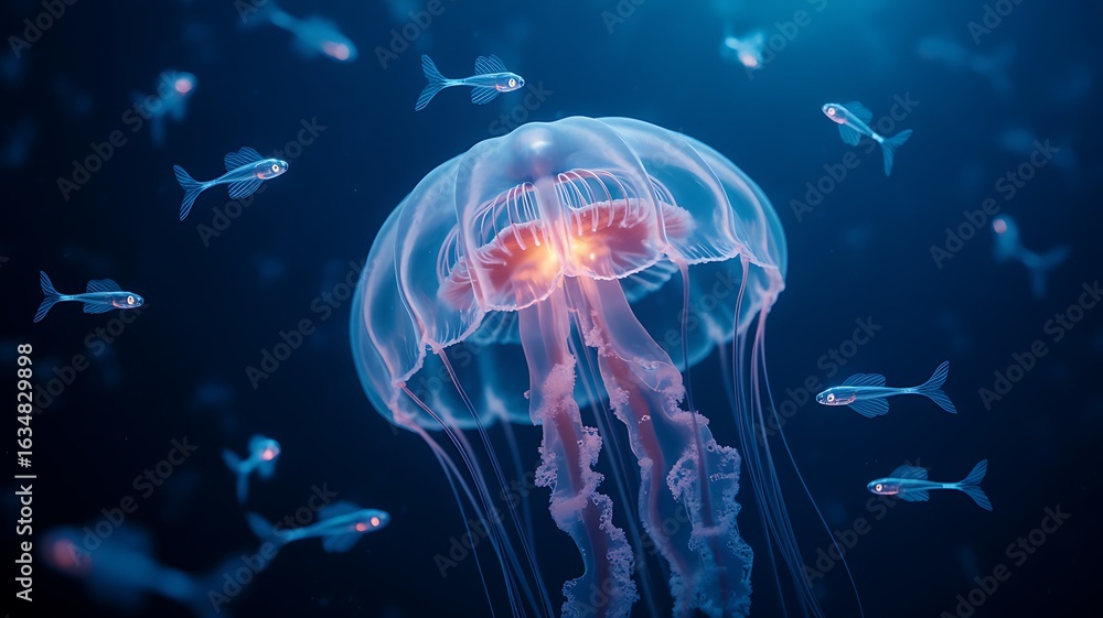 Fototapeta premium Bioluminescent jellyfish and small fish in deep blue ocean deep sea bioluminescence