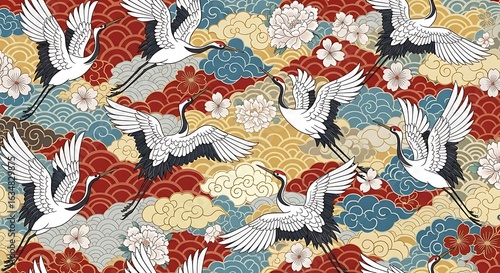 Elegant Japanese Crane Pattern with Clouds and Flowers in Red, Blue, and Gold