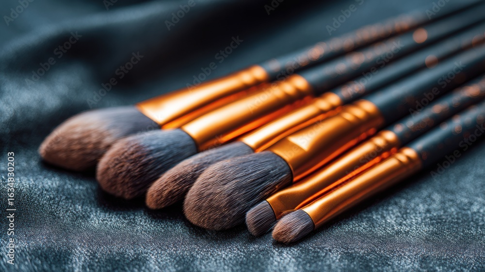 Fototapeta premium Professional Brush Set Arranged Diagonally on Textured Fabric for Beauty Application and Artistry