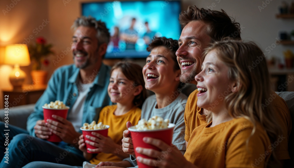 Obraz premium Happy Family Watching TV Holding Popcorn Buckets at Home for Entertainment Blogs, Streaming Websites, Family Cards, and Entertainment Articles.